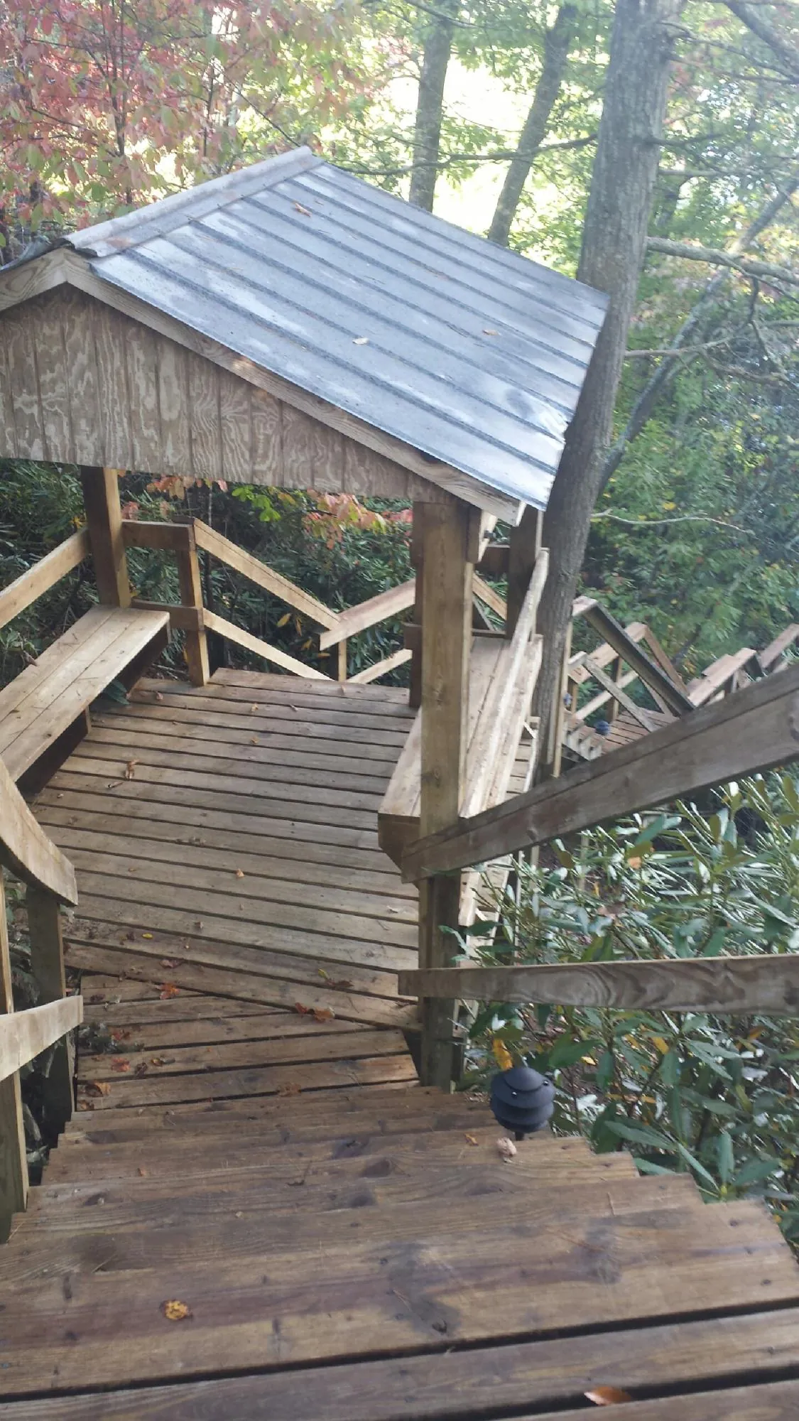 Metal roofed shelter over wooden steps on a wooded walkway — Skylight Repair & Installation work by our crew in North Bloomfield